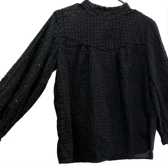 Banana Republic Blouse, Black, Cotton Eyelet, Mock Neck Long Sleeve Boho Top - Picture 1 of 5